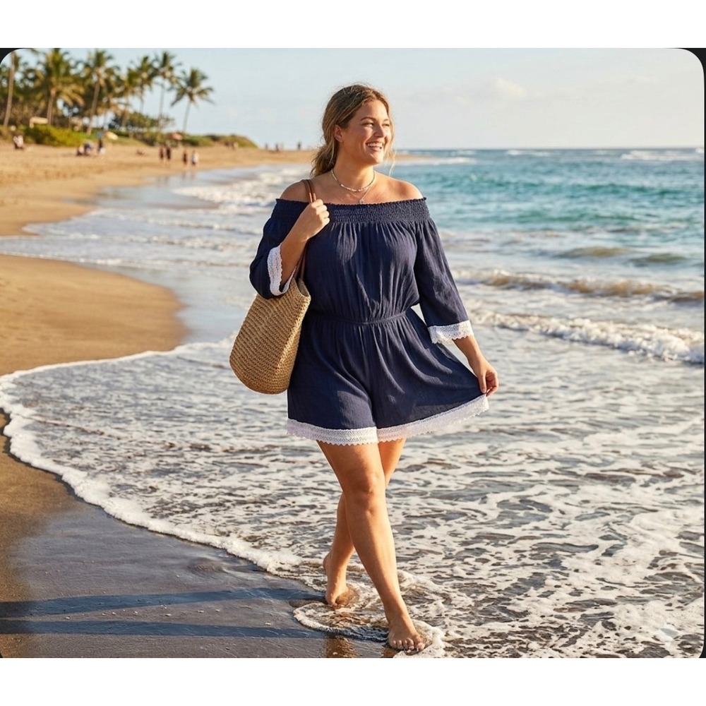 NWT‎ Riviera Sun Blue White Lace Trim 3/4 Sleeves Off Shoulder Romper Shorts 2X